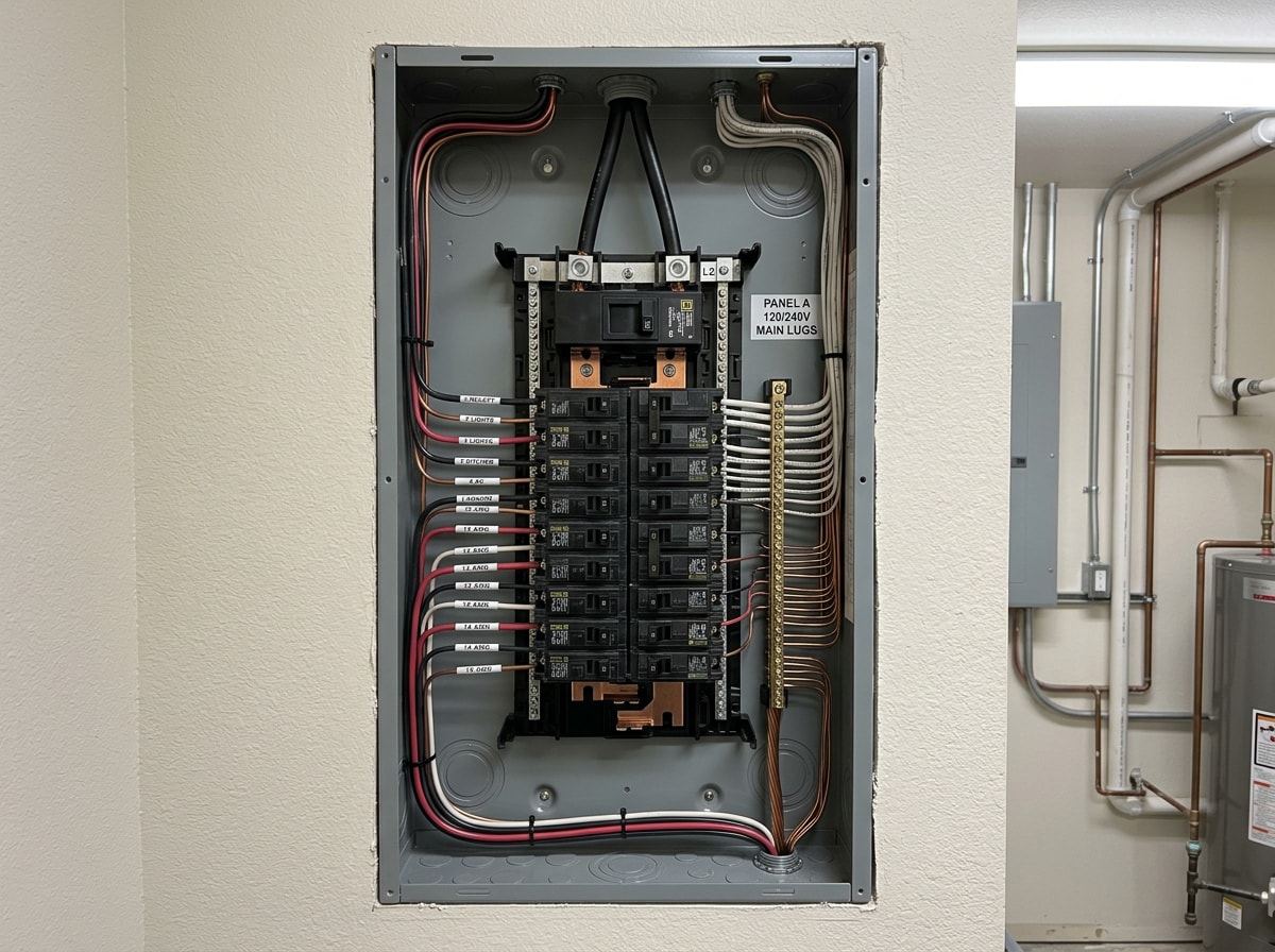 Interior view of an upgraded residential electrical panel with labeled breakers and neat wiring