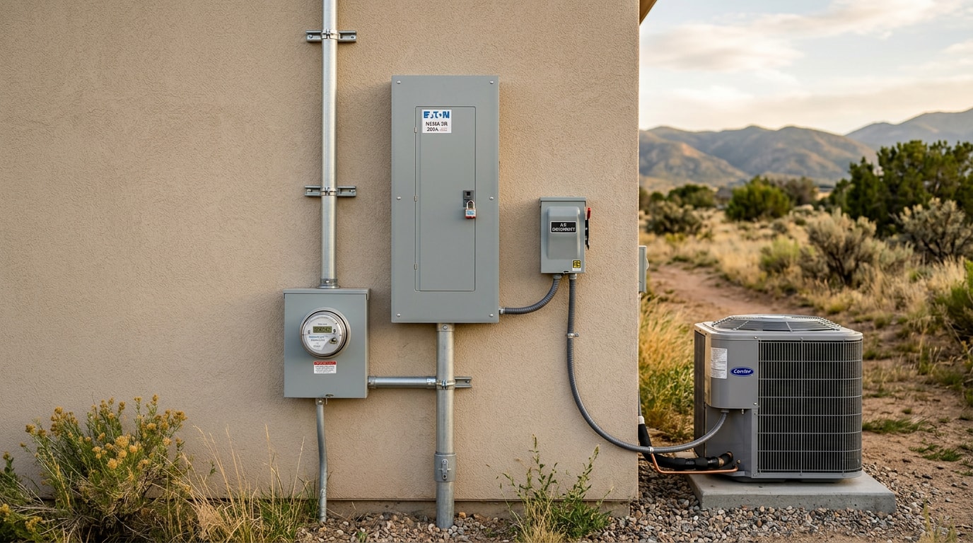 Electrical service panel and air conditioner disconnect installed on the exterior of a Canon City, Colorado home