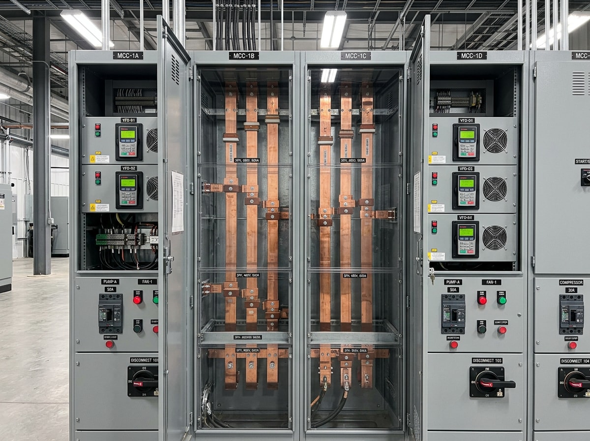 Interior of an industrial motor control center with VFD buckets and starter sections