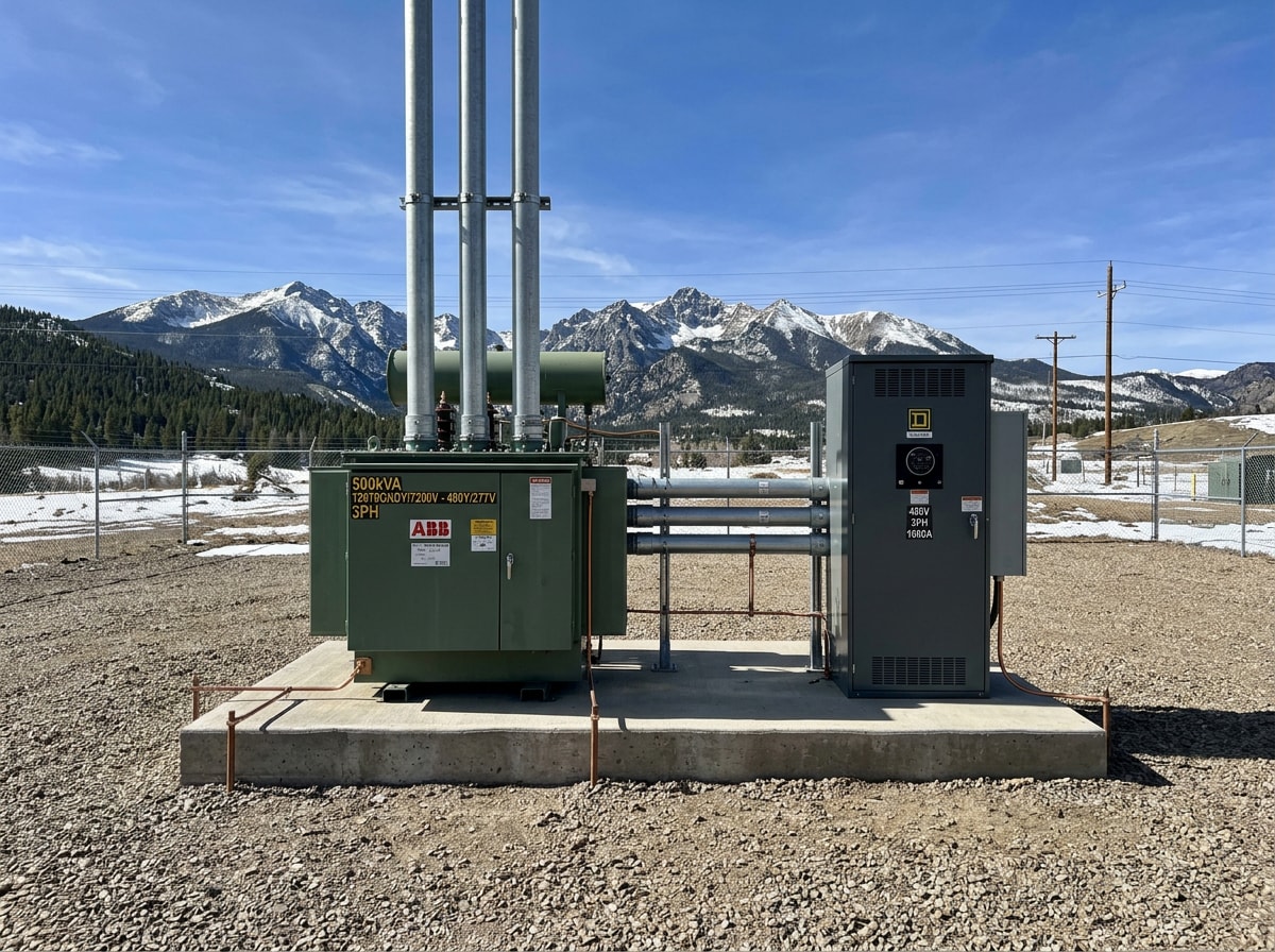 Exterior three-phase service entrance and switchgear at a high-altitude Colorado facility