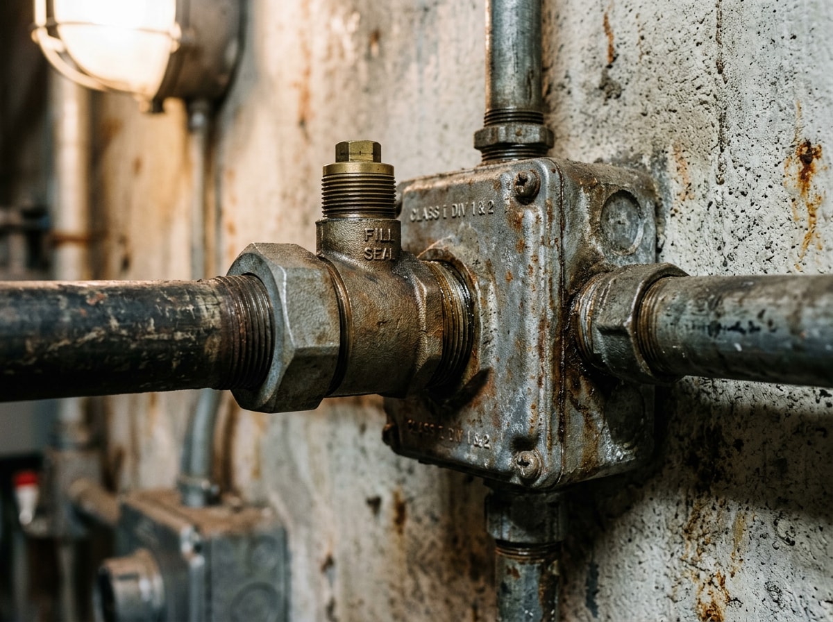 Explosion-proof conduit seal fitting installed in a Class I Division 2 classified area