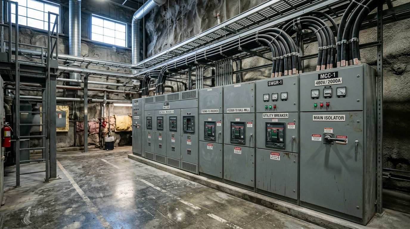 Industrial 480V switchgear lineup installed in a Gunnison County, CO processing facility