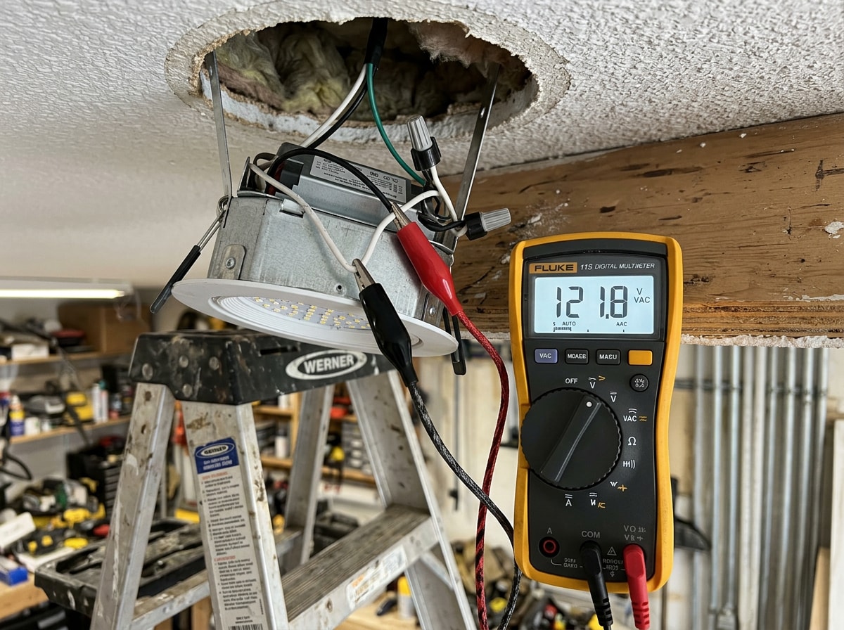 Multimeter clipped to a recessed LED light fixture on a step ladder for diagnostic testing