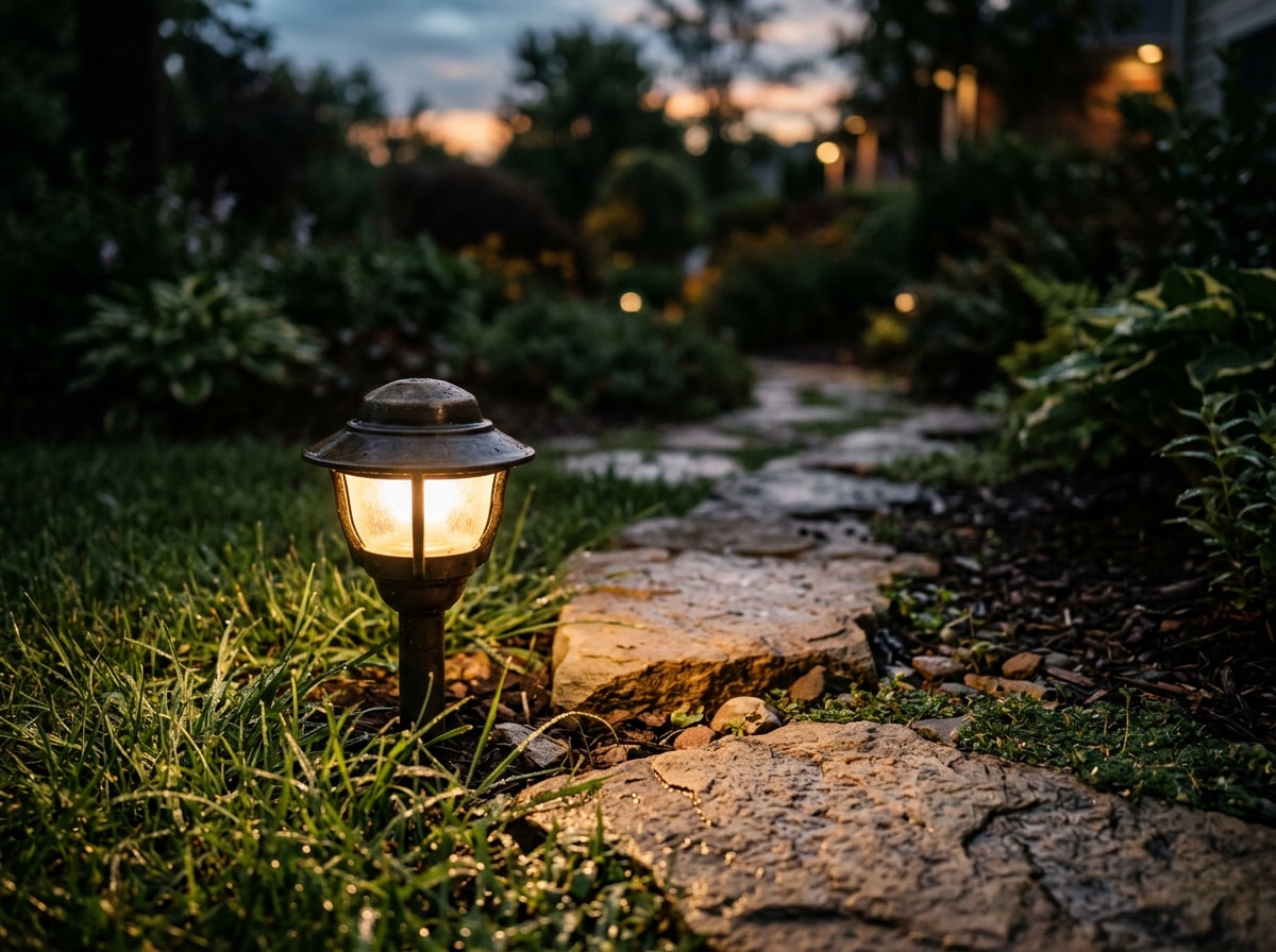 Repaired outdoor landscape light fixture glowing along a stone garden path at dusk