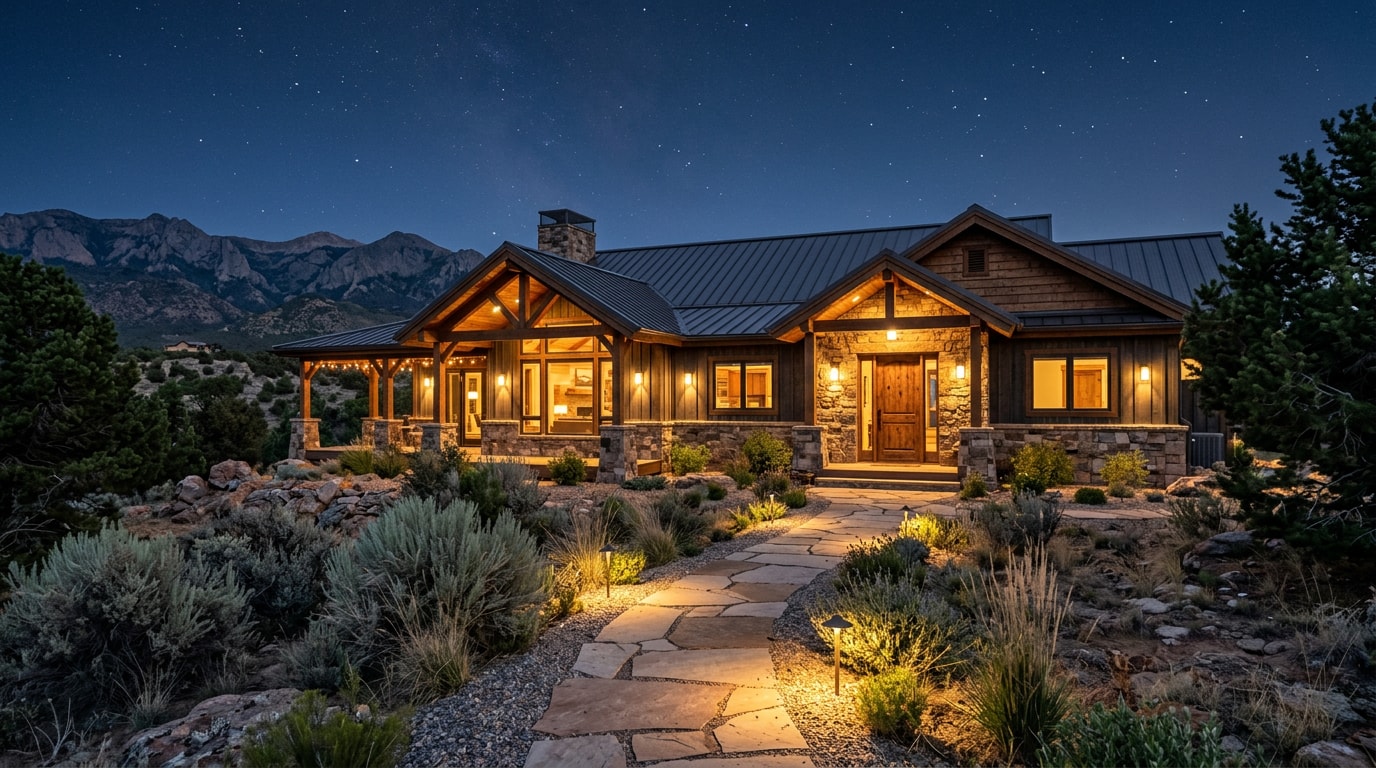 Home exterior with freshly repaired outdoor and landscape lighting glowing at dusk in Monte Vista, CO Home exterior with freshly repaired outdoor and landscape lighting glowing at dusk in Monte Vista, CO