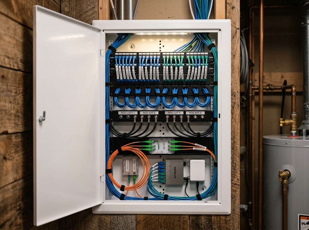Labeled structured cabling patch panel and media enclosure mounted in a Colorado mountain home