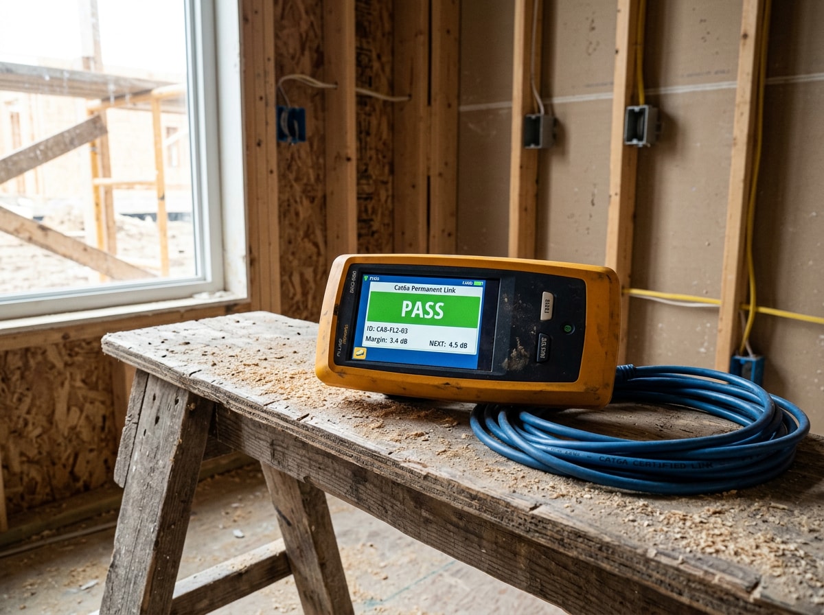 Cable certification tester displaying a passing Cat6a permanent link result on a job site