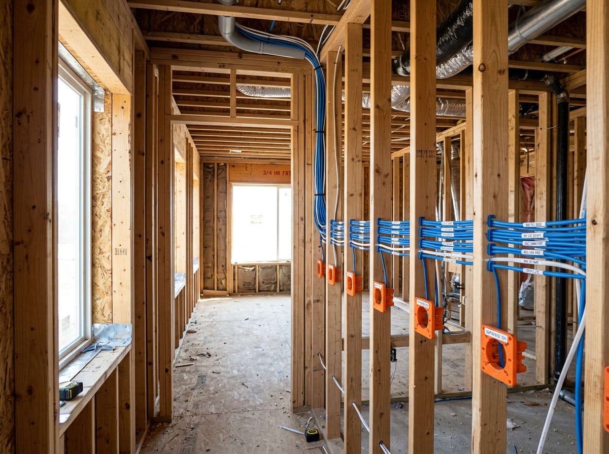 New construction low voltage pre-wire with labeled cable bundles running through open stud walls