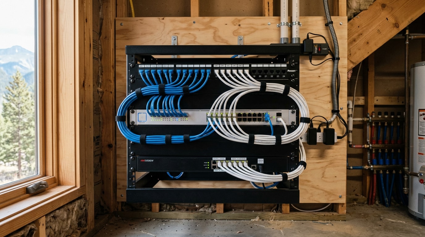 Finished low voltage network rack with patch panel, PoE switch and NVR in a Lake City, Colorado home