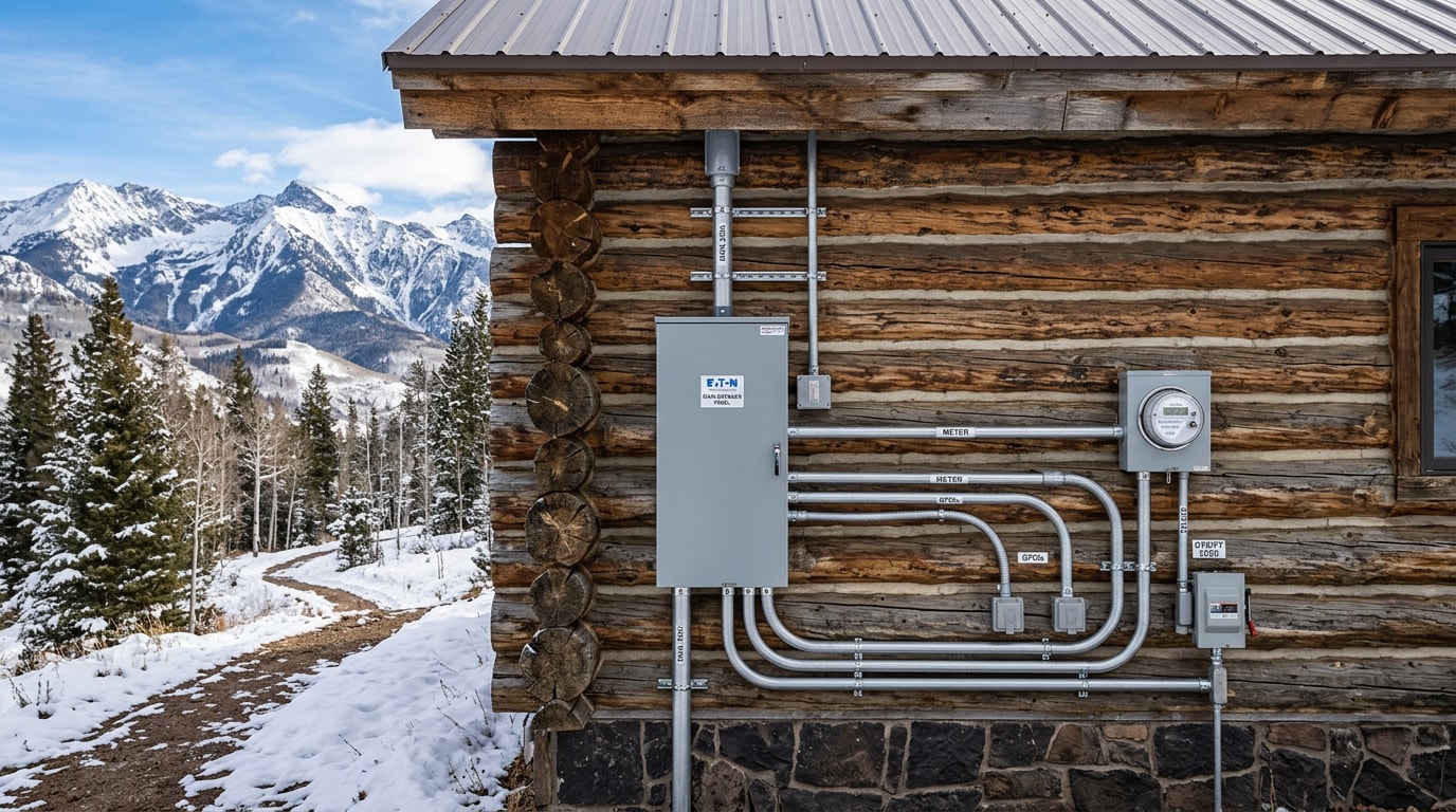 Finished electrical panel installation on a Colorado mountain home with mountains in the background Finished electrical panel installation on a Colorado mountain home with mountains in the background