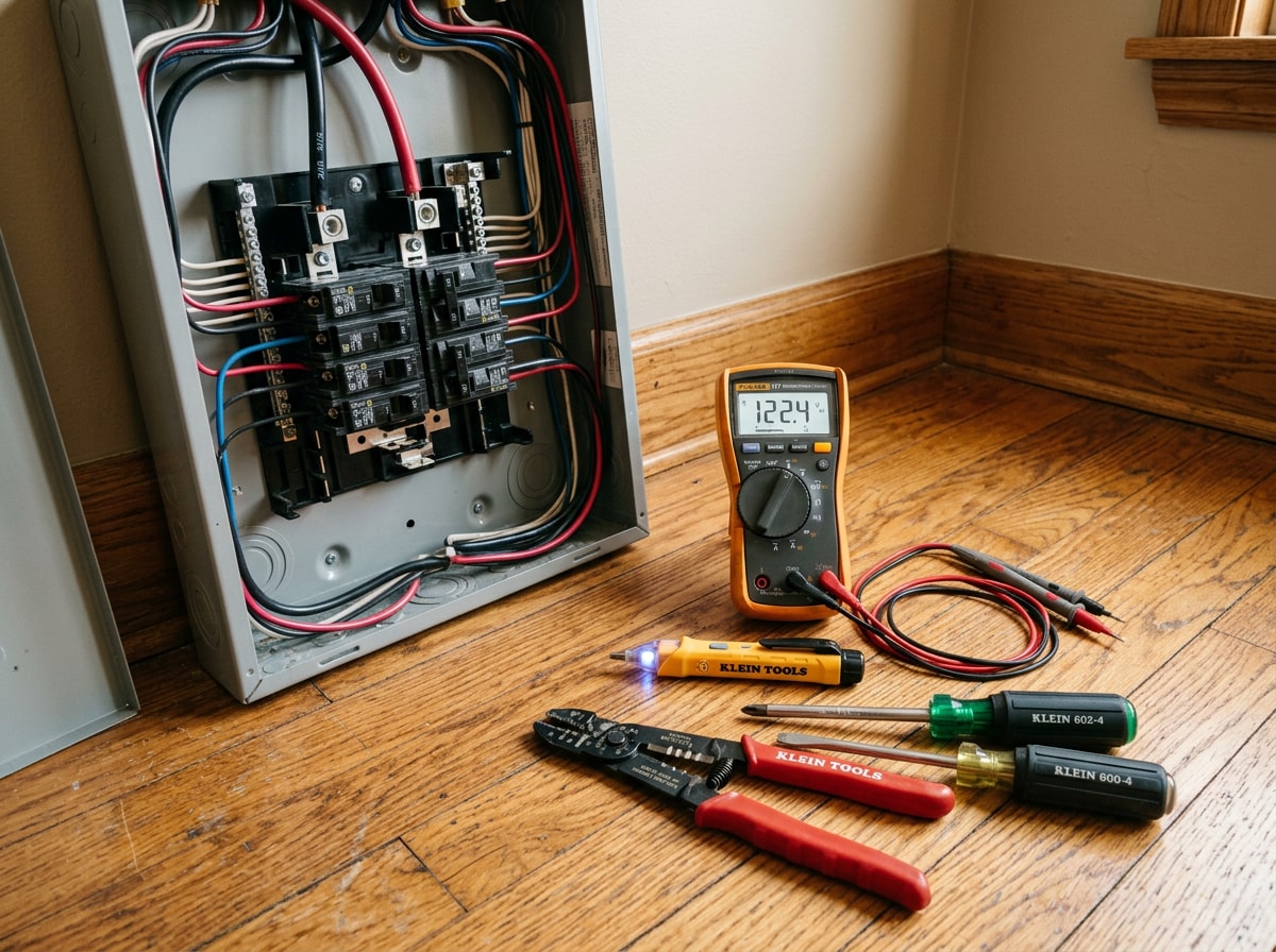 Electrician hand tools and multimeter set beside an open residential load center during a repair call