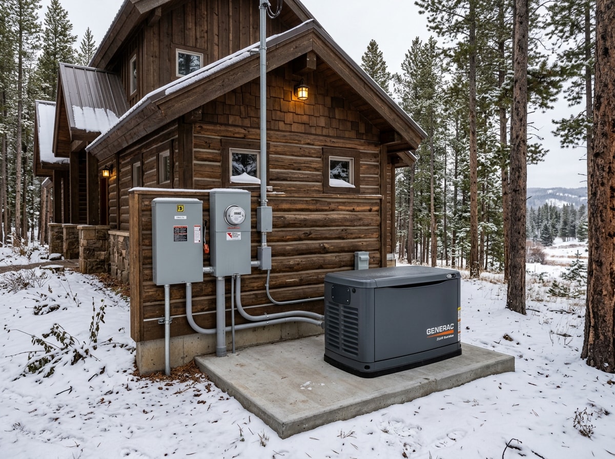 Exterior standby generator and transfer switch neatly mounted on a mountain home wall with conduit runs