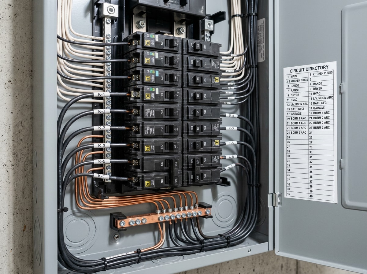 Labeled residential electrical panel with new breakers and tidy conductor terminations after an inspection punch list repair