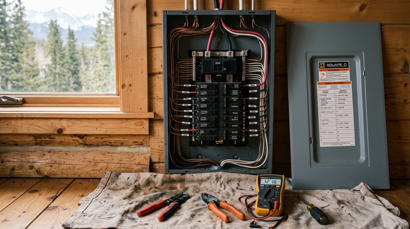 Open 200-amp residential electrical panel with labeled breakers in a Westcliffe area mountain home Open 200-amp residential electrical panel with labeled breakers in a Westcliffe area mountain home