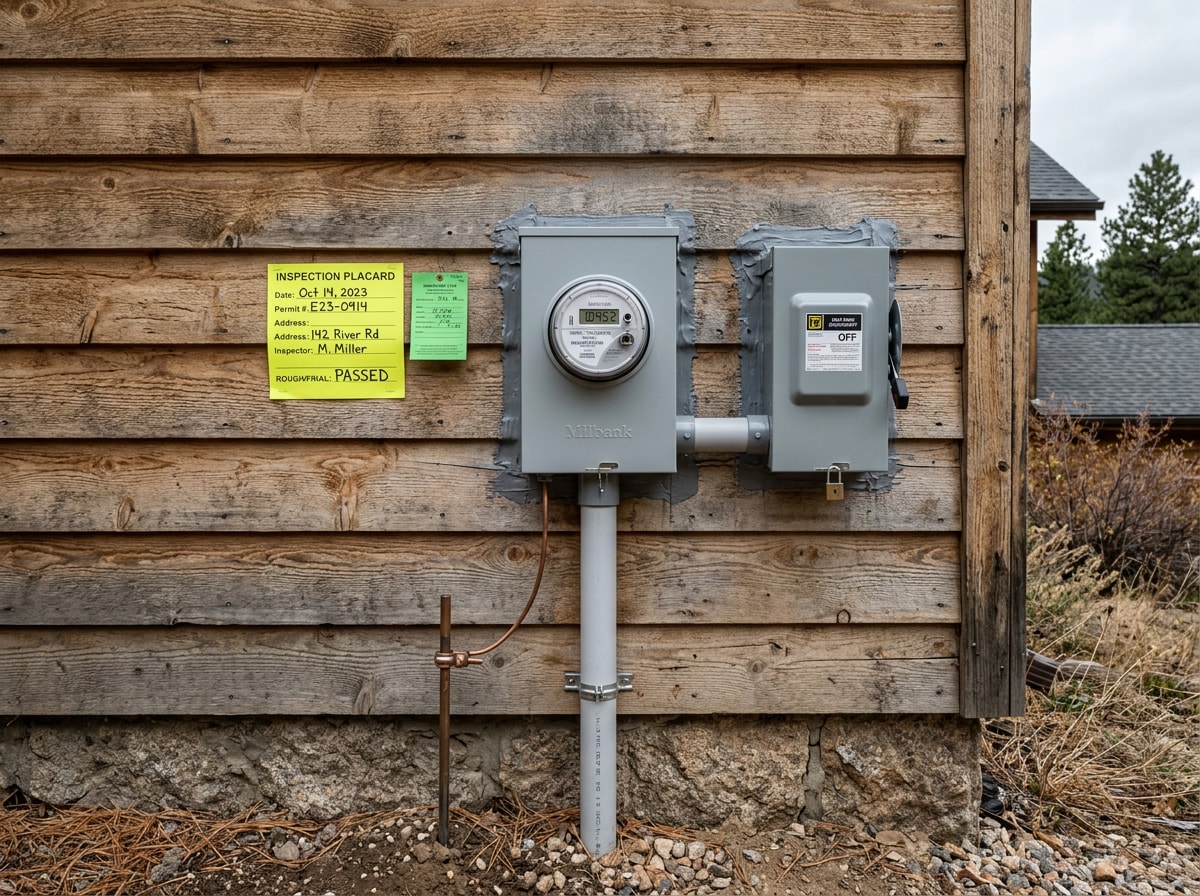 Electrical permit placard and inspection tag posted beside a new exterior meter and panel on a Colorado home