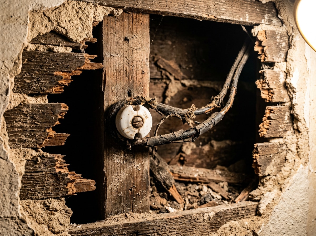 Close-up of deteriorated cloth-insulated branch circuit wiring and an old ceramic knob in an open wall cavity