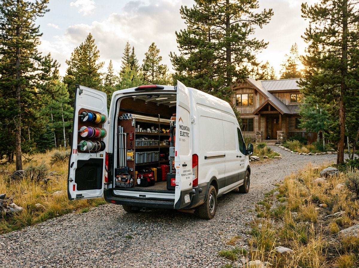 Electrical service van parked outside a mountain-town home with conduit and wire spools organized in the rear bay