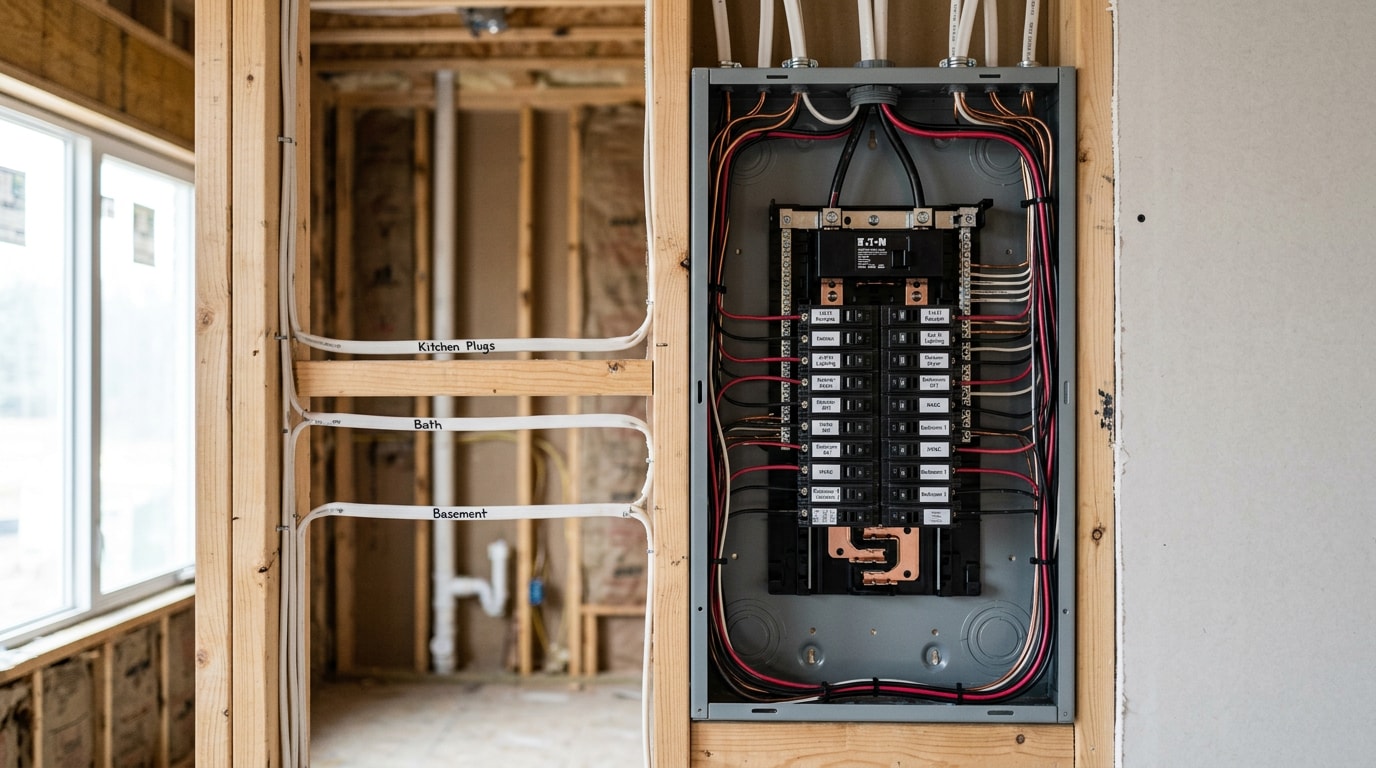 Newly rewired residential electrical panel with labeled breakers and neat copper conductors in a Salida, CO home Newly rewired residential electrical panel with labeled breakers and neat copper conductors in a Salida, CO home