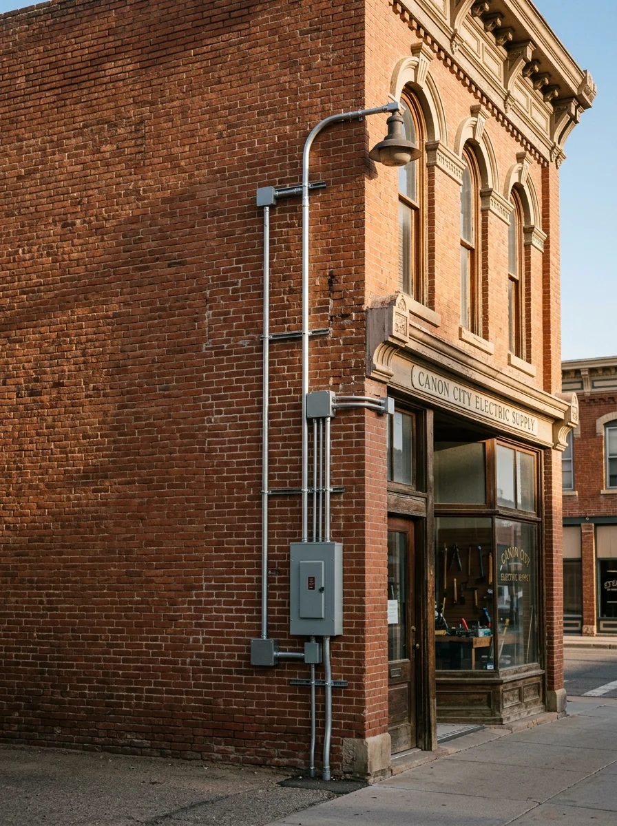 Commercial electrical wiring being installed in a historic downtown Canon City, Colorado building along Main Street.