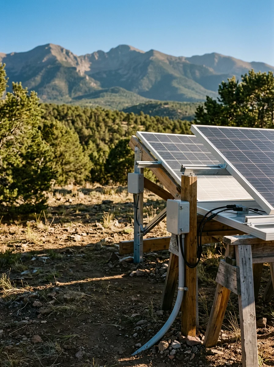 Solar panel array being installed on a rural off-grid property in the Cotopaxi, Colorado area with mountainous terrain in the background.