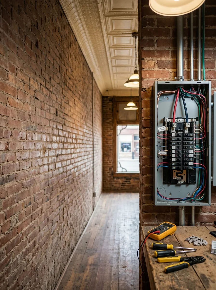 Commercial electrical panel upgrade in progress inside an older business building along Monte Vista, Colorado's main commercial corridor.