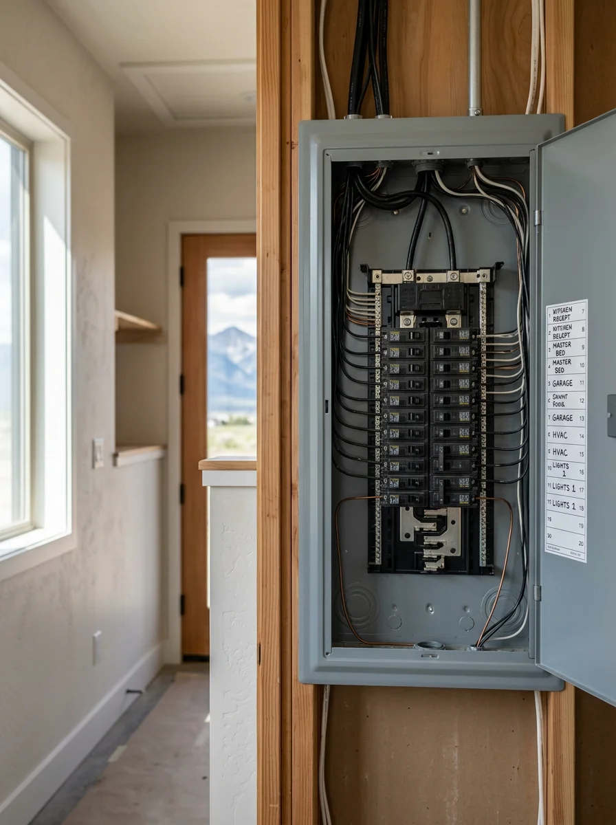 New residential construction electrical panel installation in a modern home in Salida's Two Rivers neighborhood with mountain views in the background.