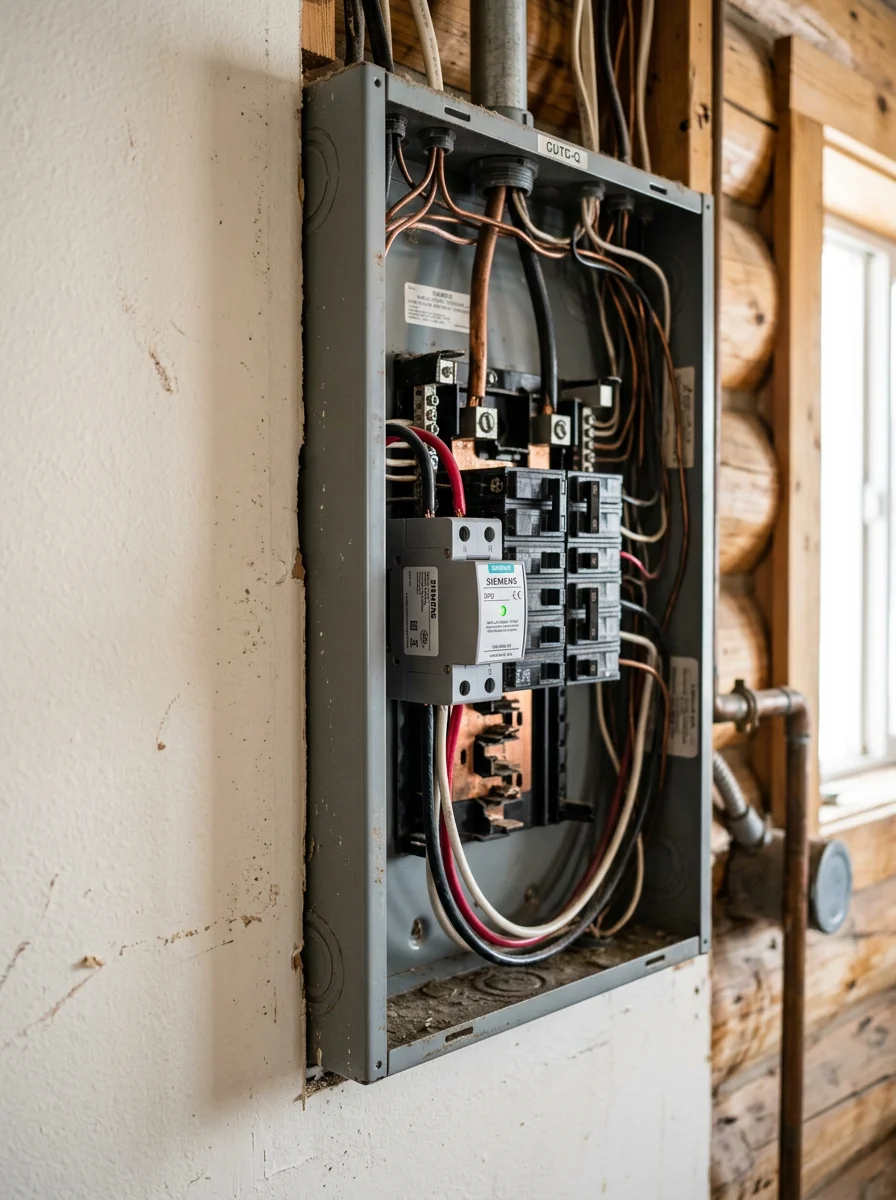 Close-up of a whole-home surge protection device being installed in a residential electrical panel in Westcliffe, CO.