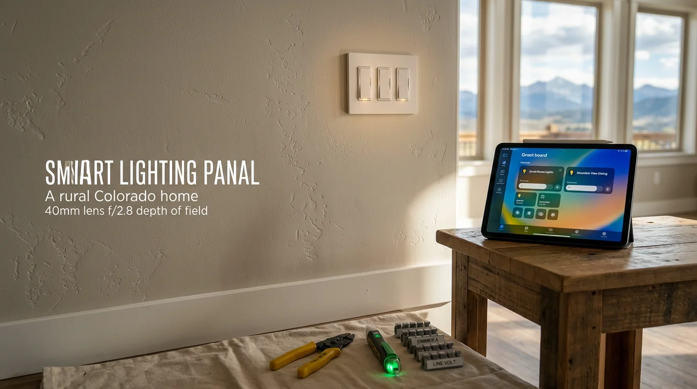 A licensed electrician from LakeFork Electric LLC installing a smart lighting switch inside a rural home in Westcliffe, Colorado, with the Sangre de Cristo mountains visible through a nearby window. The finished wall panel shows a clean, modern smart dimmer controlling the room's recessed lighting.
