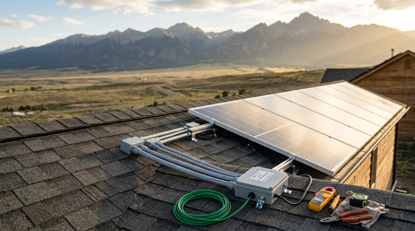 Solar panels mounted on the south-facing roof of a rural home in Westcliffe, Colorado, with the Sangre de Cristo Mountains visible in the background. The installation shows clean conduit runs and flush panel mounting typical of residential solar work in the Wet Mountain Valley.