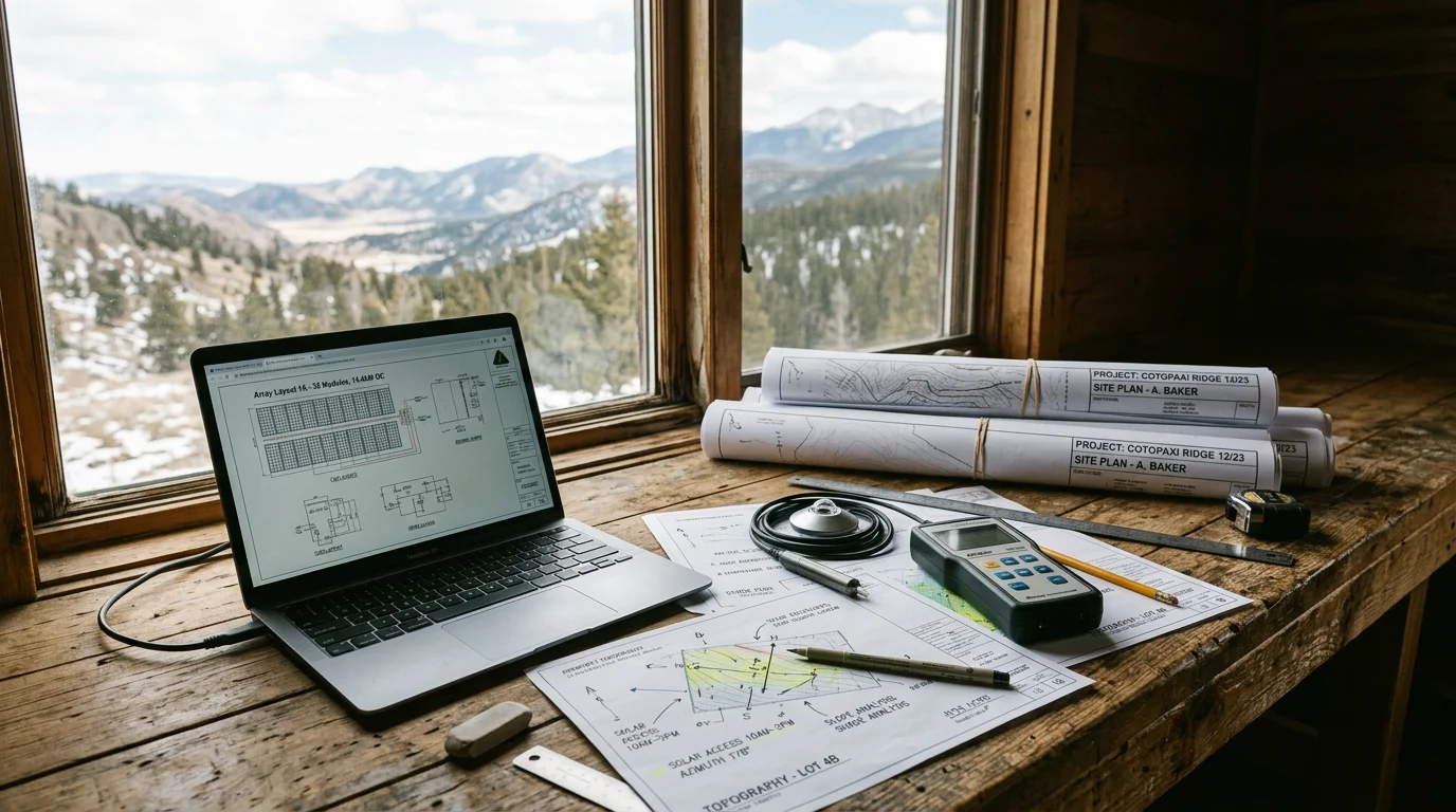A solar system design plan laid out for a rural mountain property in Westcliffe, Colorado, showing panel layout and array orientation relative to the Wet Mountain Valley terrain. An electrician from LakeFork Electric LLC reviews the site assessment before installation begins.