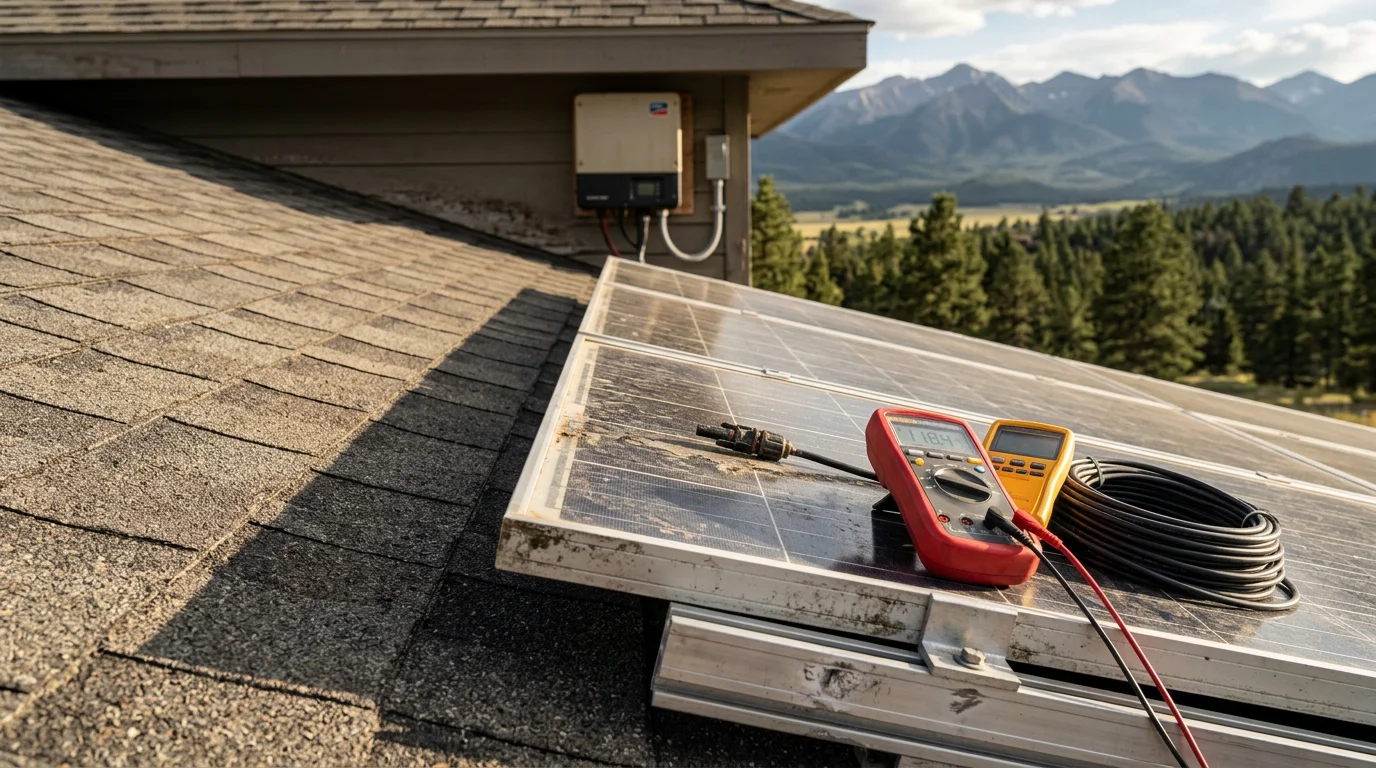 A solar panel array on a rural Colorado property near Westcliffe with the Wet Mountain Valley visible in the background, showing a technician inspecting panel connections and wiring during a maintenance visit.