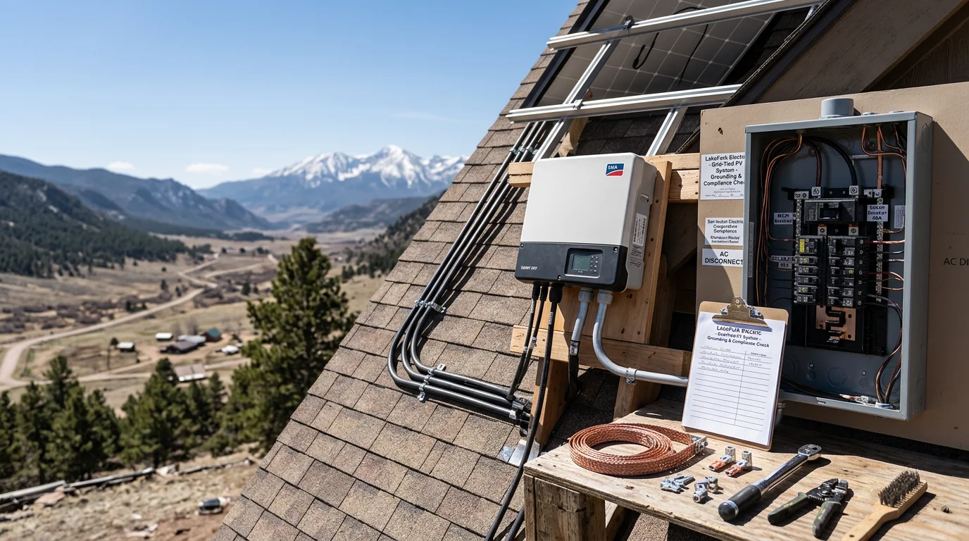 An electrician connecting solar array wiring to a breaker panel inside a rural home near Westcliffe, Colorado. Conduit runs and labeled circuit breakers are visible in the background.